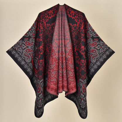 Cashew Crush - Black Red Elegant Autumn Winter Shawl - Artistic Split-Design Knit Cloak with Oil Painting Style