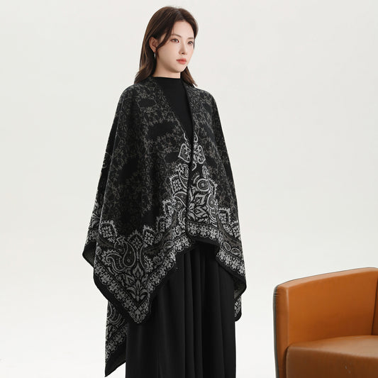 Cashew Crush - Black Elegant Autumn Winter Shawl - Artistic Split-Design Knit Cloak with Oil Painting Style