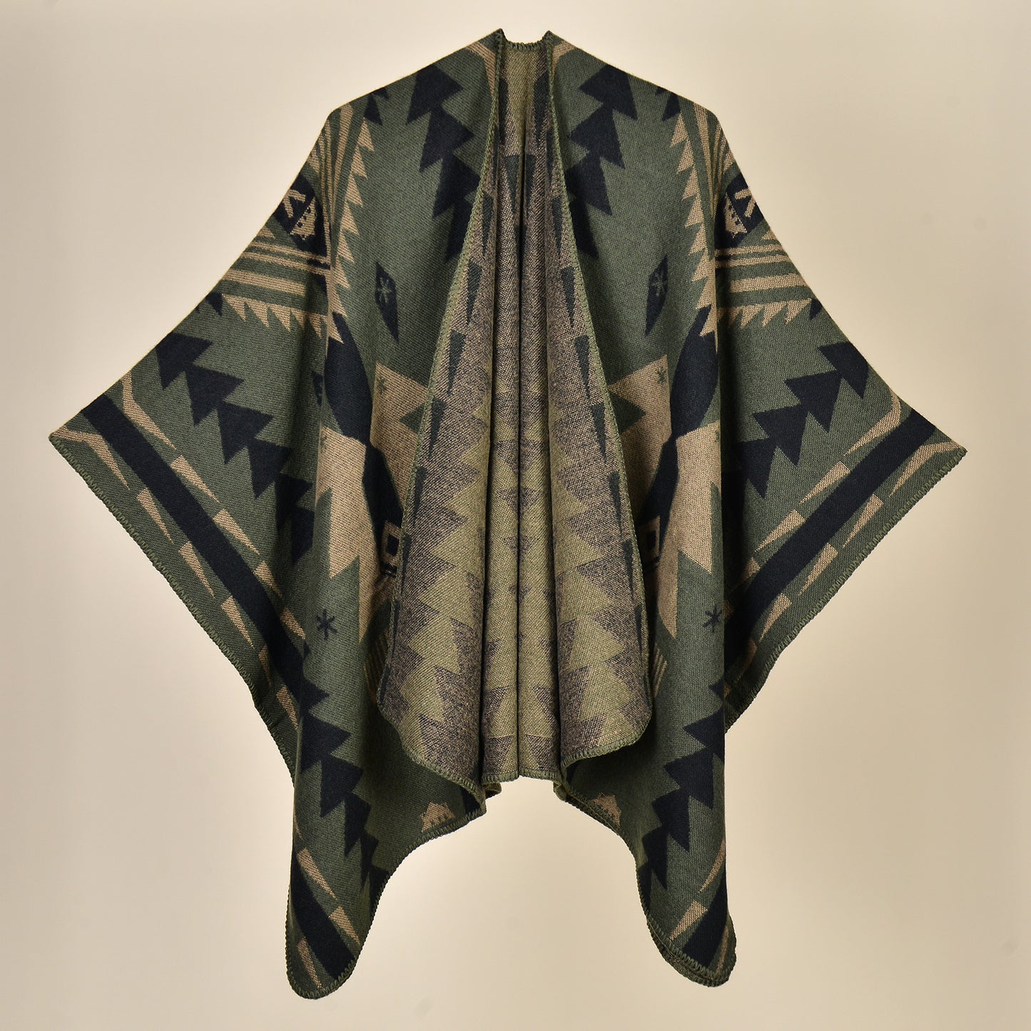 New Totem Diamond Green Elegant Autumn Winter Shawl - Artistic Split-Design Knit Cloak with Oil Painting Style