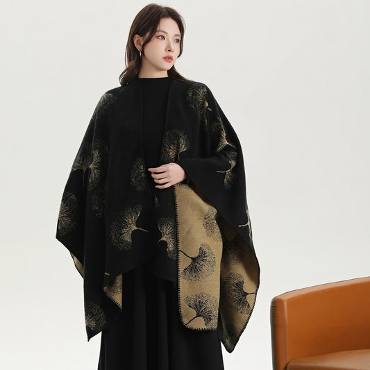 Ginkgo Biloba Black Gold Elegant Autumn Winter Shawl - Artistic Split-Design Knit Cloak with Oil Painting Style