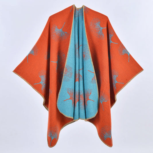 Ginkgo Biloba Orange Gold Elegant Autumn Winter Shawl - Artistic Split-Design Knit Cloak with Oil Painting Style