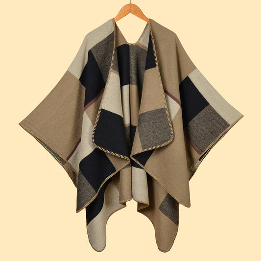 Large and small square khaki Elegant Autumn Winter Shawl - Artistic Split-Design Knit Cloak with Oil Painting Style