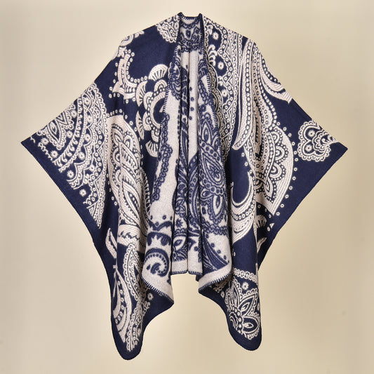 Cubic Cashew-Navy Elegant Autumn Winter Shawl - Artistic Split-Design Knit Cloak with Oil Painting Style