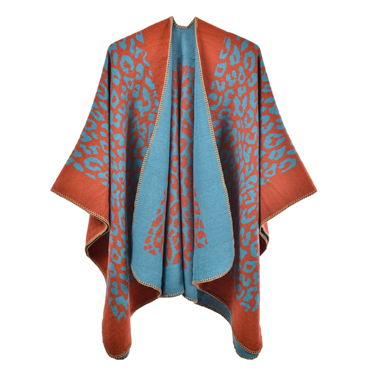 Leopard Orange Elegant Autumn Winter Shawl - Artistic Split-Design Knit Cloak with Oil Painting Style