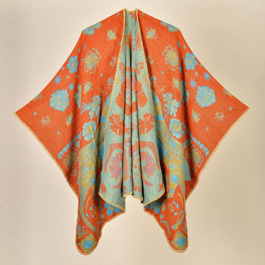 Horse Treading Orange Elegant Autumn Winter Shawl - Artistic Split-Design Knit Cloak with Oil Painting Style