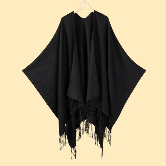 Fringed Black Elegant Autumn Winter Shawl - Artistic Split-Design Knit Cloak with Oil Painting Style