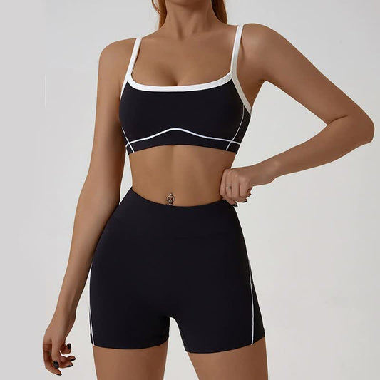 Black Sporty Yoga Set with Contrast Spaghetti Straps - Slim Fit Outdoor Fitness Wear - Size S