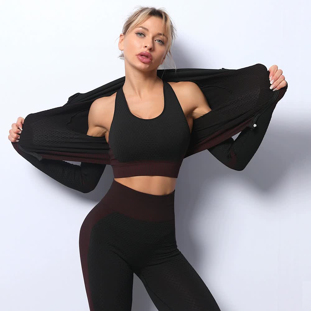 Black+Red High Waist Yoga Set for Women - Sports Bra, Long Sleeve Shirt & Leggings 3-Piece Workout Set Size S