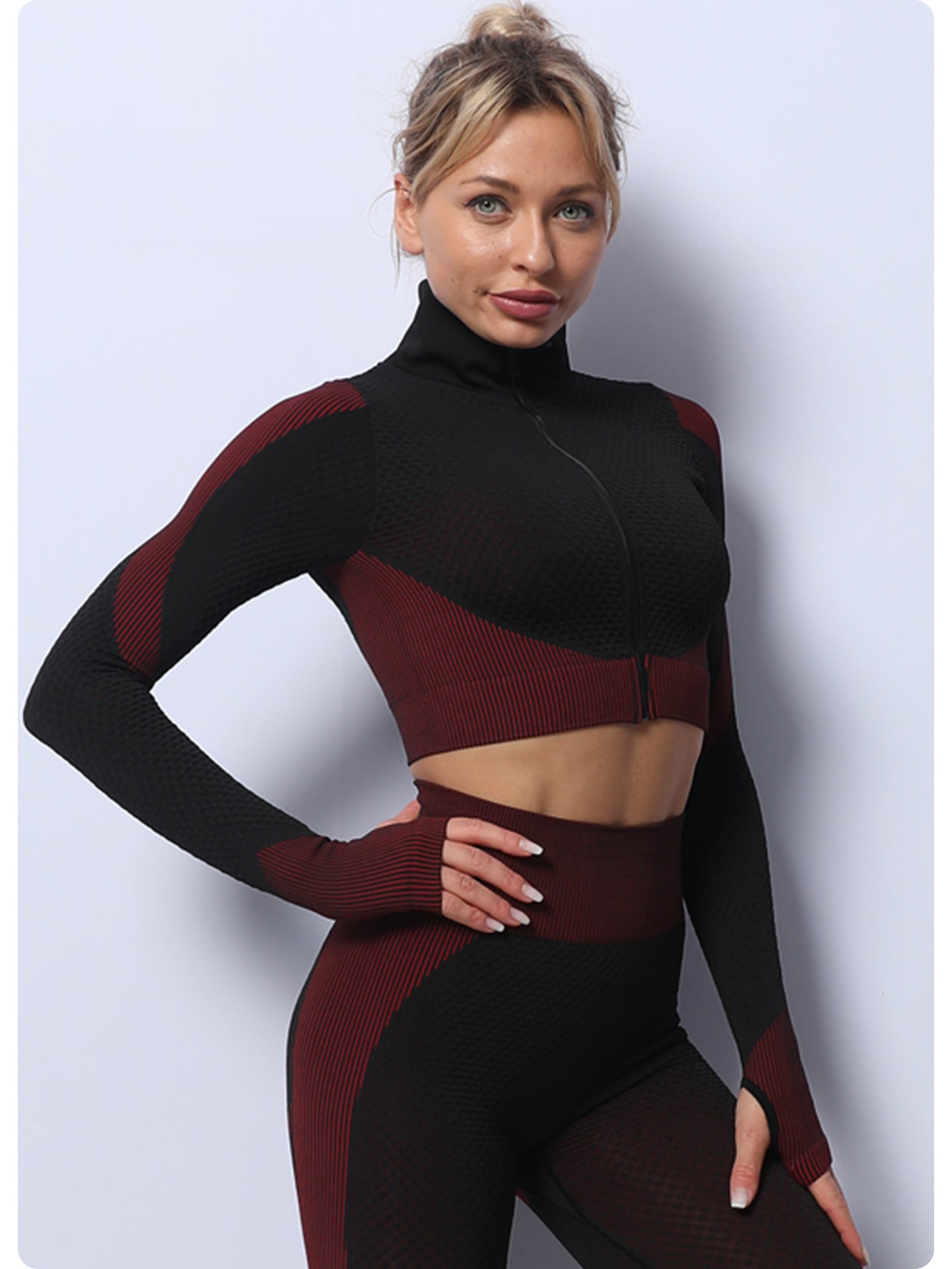 Black+Red High Waist Yoga Set for Women - Sports Bra, Long Sleeve Shirt & Leggings 3-Piece Workout Set Size S