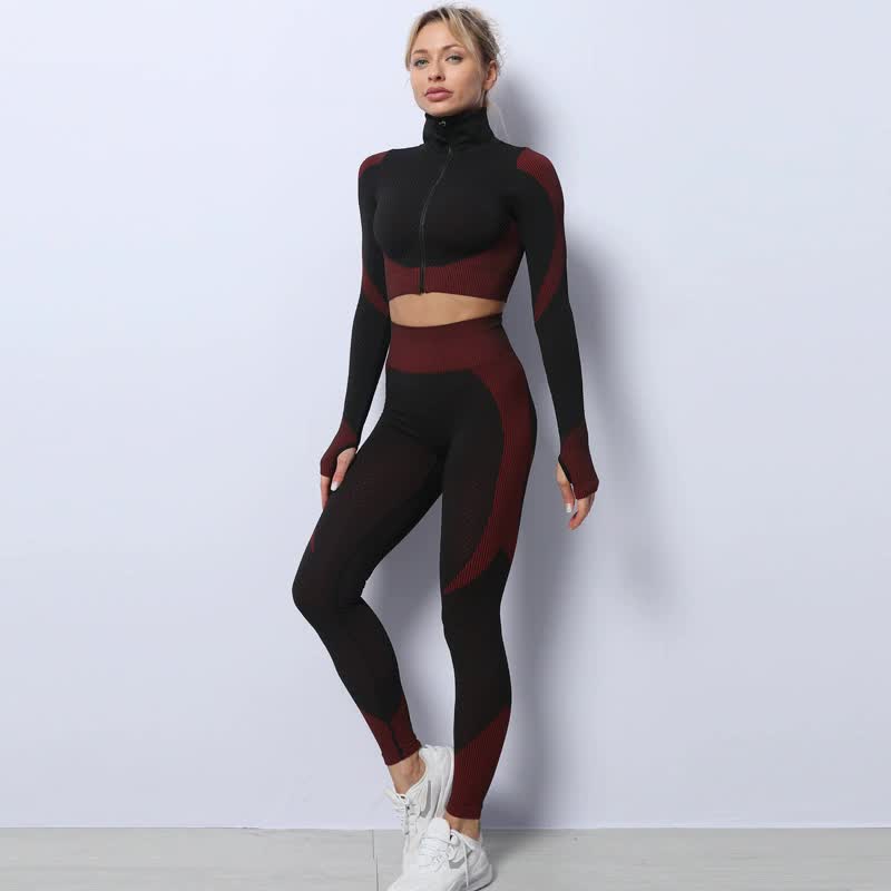 Black+Red High Waist Yoga Set for Women - Sports Bra, Long Sleeve Shirt & Leggings 3-Piece Workout Set Size S