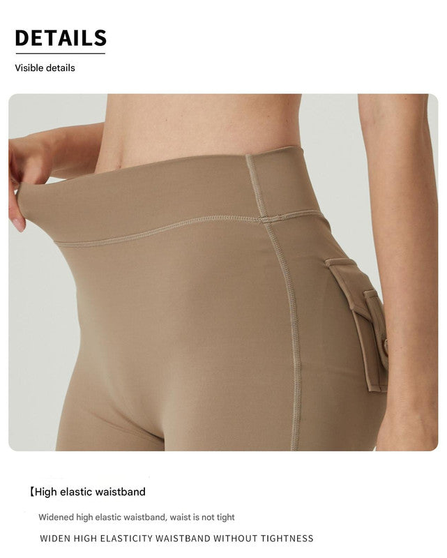 Khaki High-Waisted Yoga Shorts with Pockets for Women – Butt-Lifting, Breathable, and Comfortable Activewear S