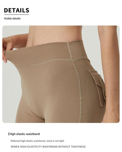 Khaki High-Waisted Yoga Shorts with Pockets for Women – Butt-Lifting, Breathable, and Comfortable Activewear S