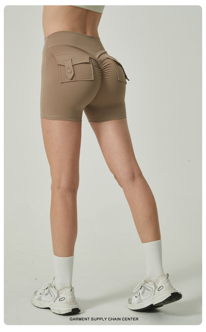 Khaki High-Waisted Yoga Shorts with Pockets for Women - Butt-Lifting, Breathable, and Comfortable Activewear M