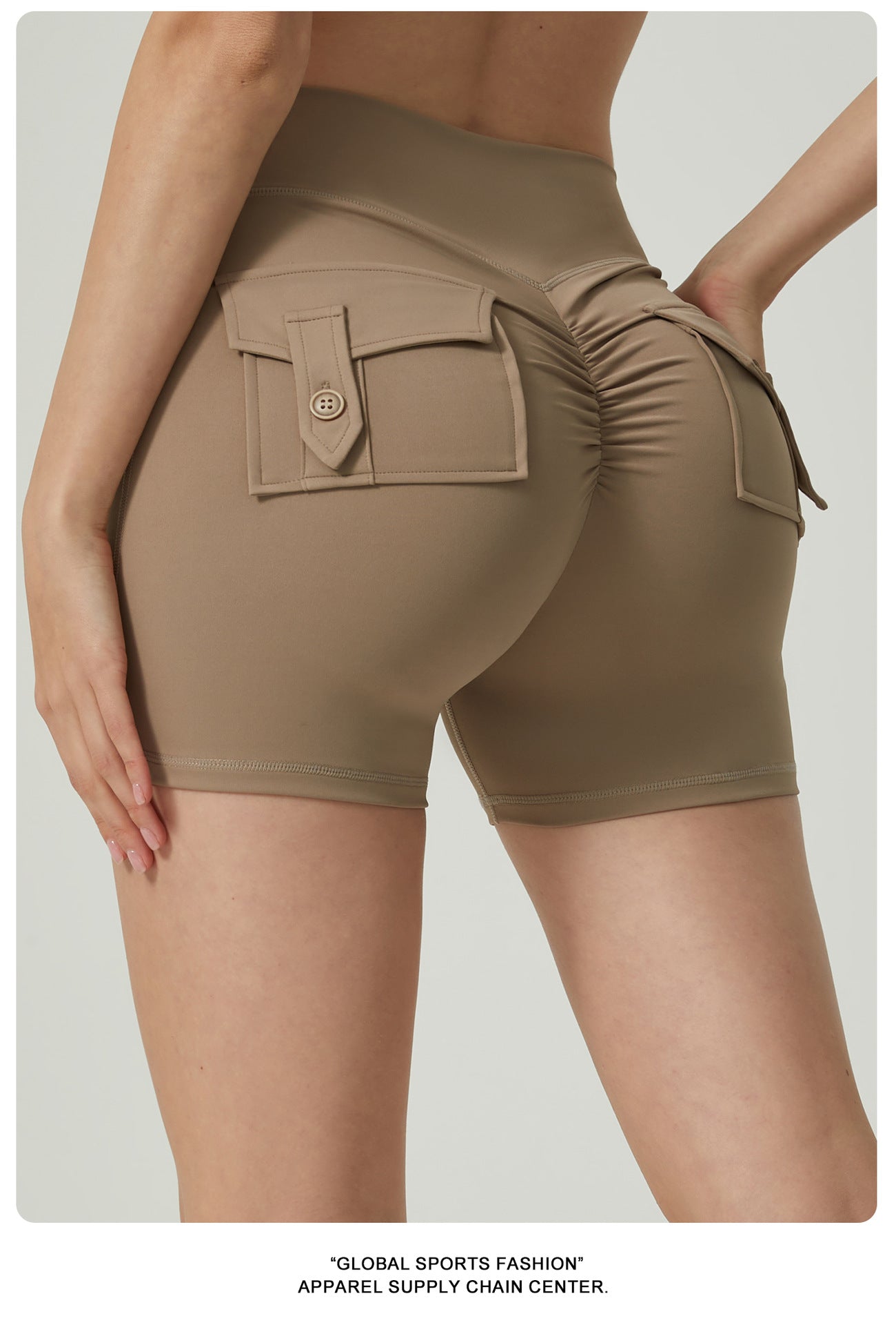 Khaki High-Waisted Yoga Shorts with Pockets for Women - Butt-Lifting, Breathable, and Comfortable Activewear M