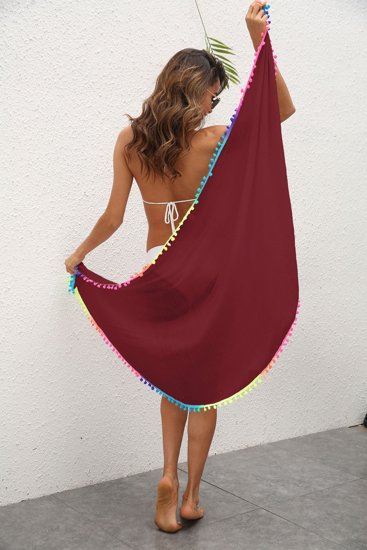 Red Summer Sun Protection Sarong - Women's Beach Cover-Up with Tassels 68x163cm