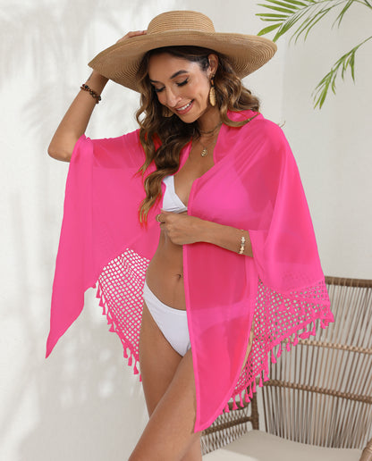 Rose red Women's Mesh Detail Beach Wrap - Tassel Trim Swim Cover-Up 95x195cm