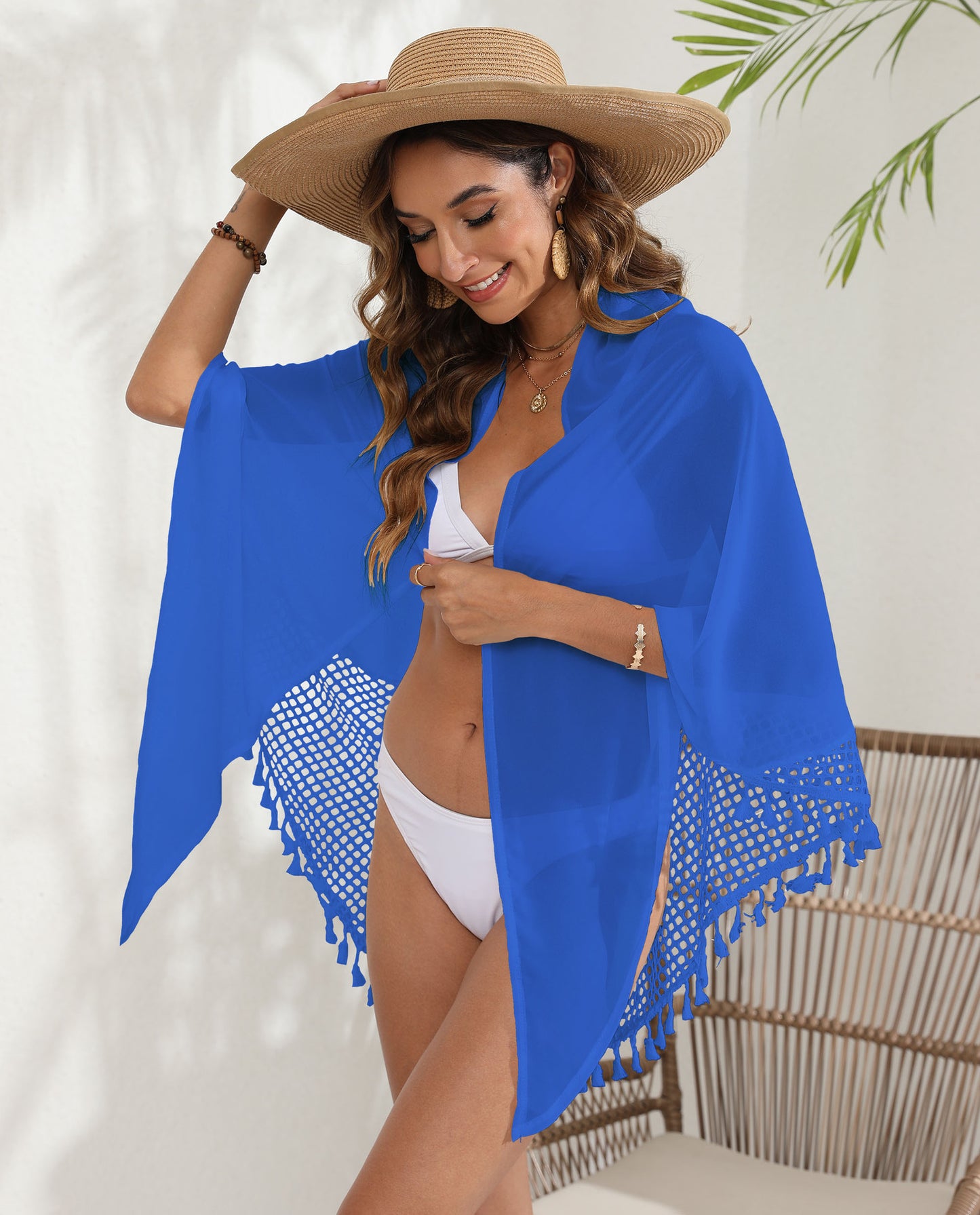 Blue Women's Mesh Detail Beach Wrap - Tassel Trim Swim Cover-Up 95x195cm