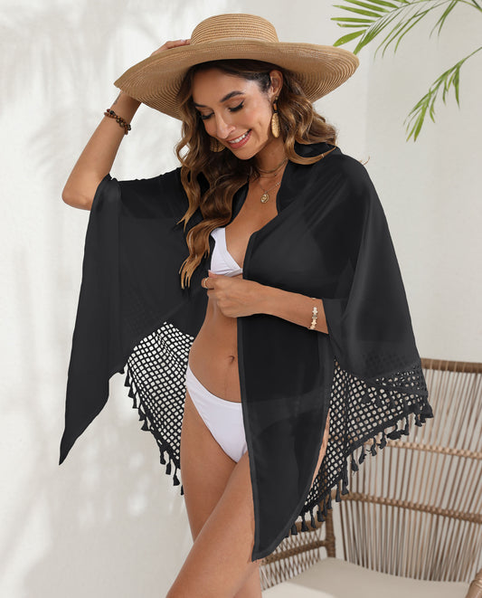 Black Women's Mesh Detail Beach Wrap - Tassel Trim Swim Cover-Up 95x195cm