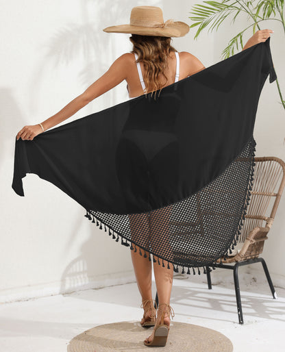 Black Women's Mesh Detail Beach Wrap - Tassel Trim Swim Cover-Up 95x195cm