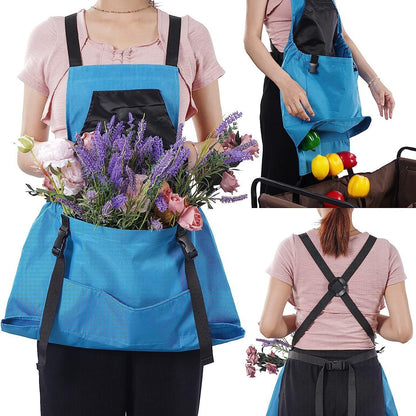 Blue Harvesting Apron - Outdoor Picking Bag, Gardening Tool Apron, Large Pocket Release Design