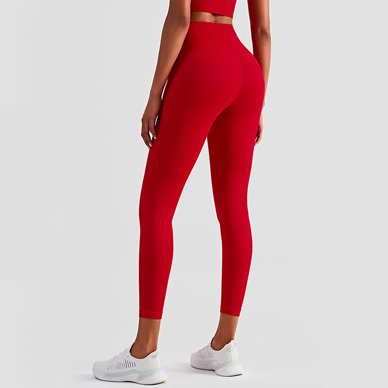 Size M Red High-Waisted Seamless Yoga Pants for Women - Tummy Control, Butt Lifting & Back Waistband Pocket