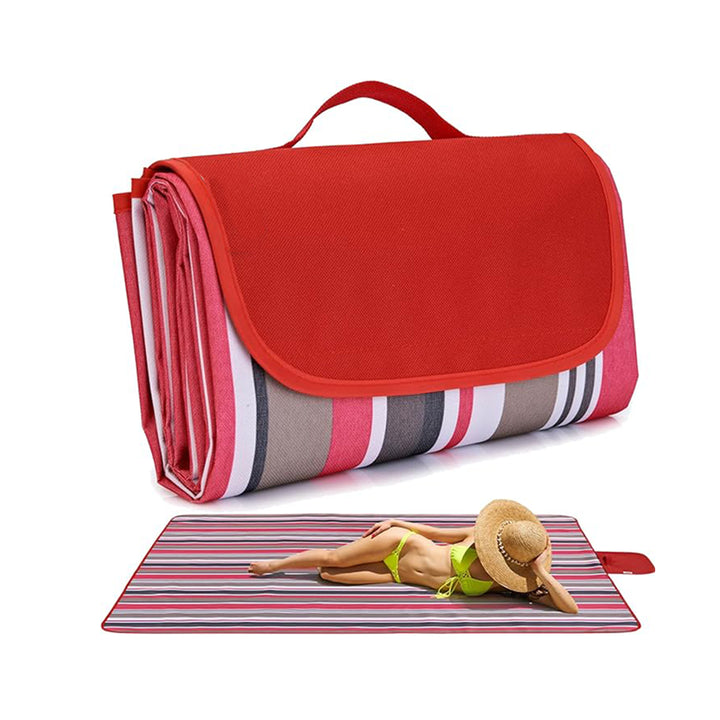 Red Stripes Stitching Premium Picnic Mat - Extra Thick & Waterproof Oxford Cloth Camping Blanket - 145x180cm