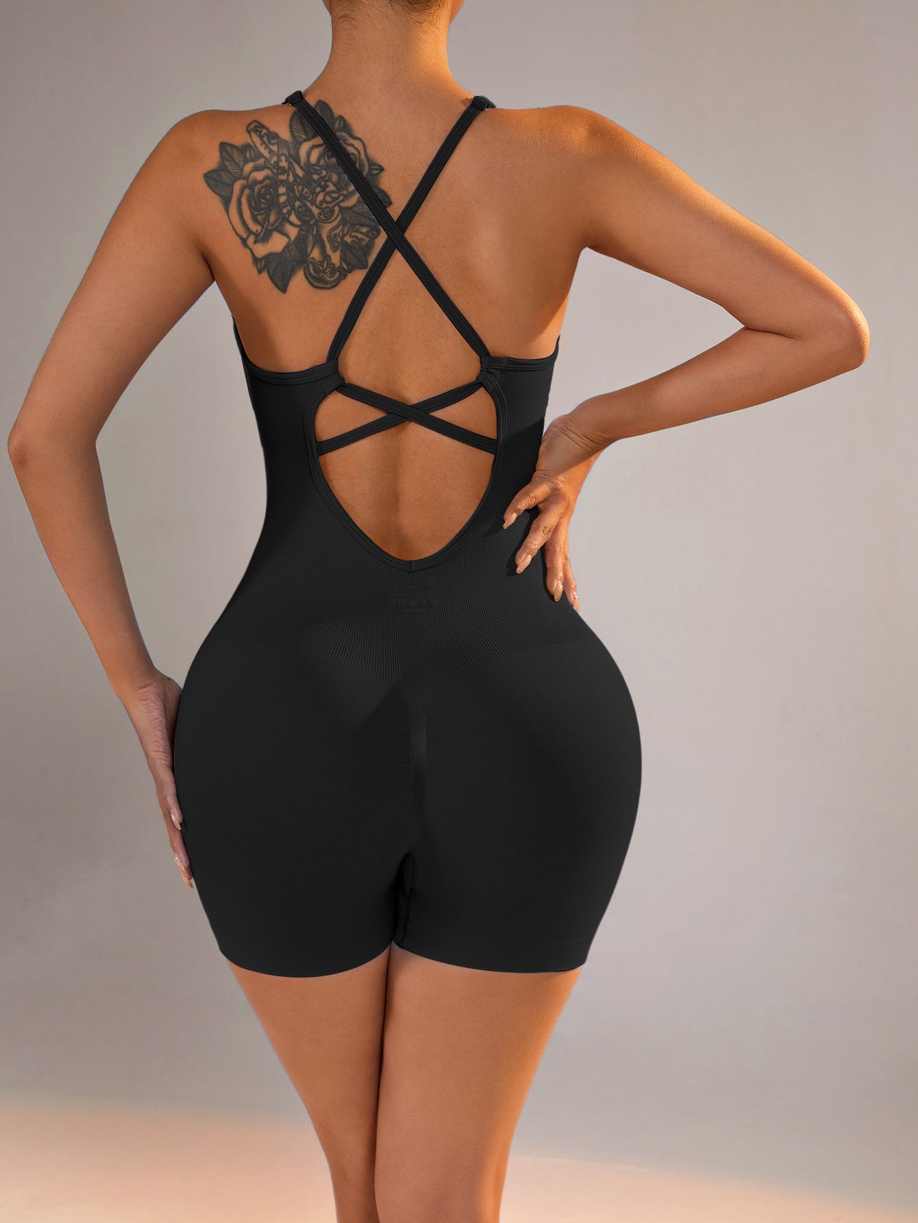 Size XS Black Nylon Seamless Yoga Bodysuit - Women's Athletic Romper, Crisscross Back, Workout Jumpsuit