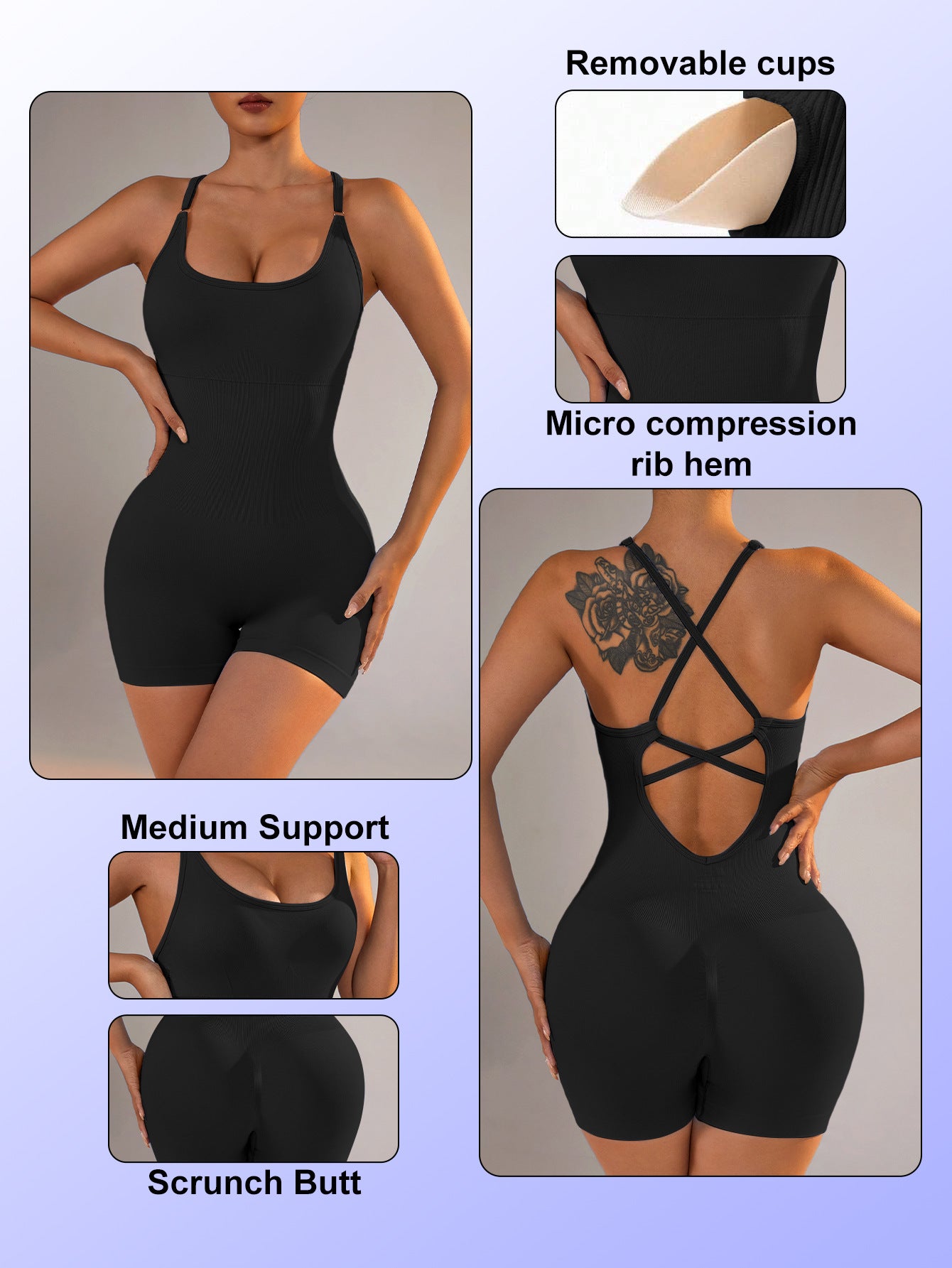 Size XS Black Nylon Seamless Yoga Bodysuit - Women's Athletic Romper, Crisscross Back, Workout Jumpsuit