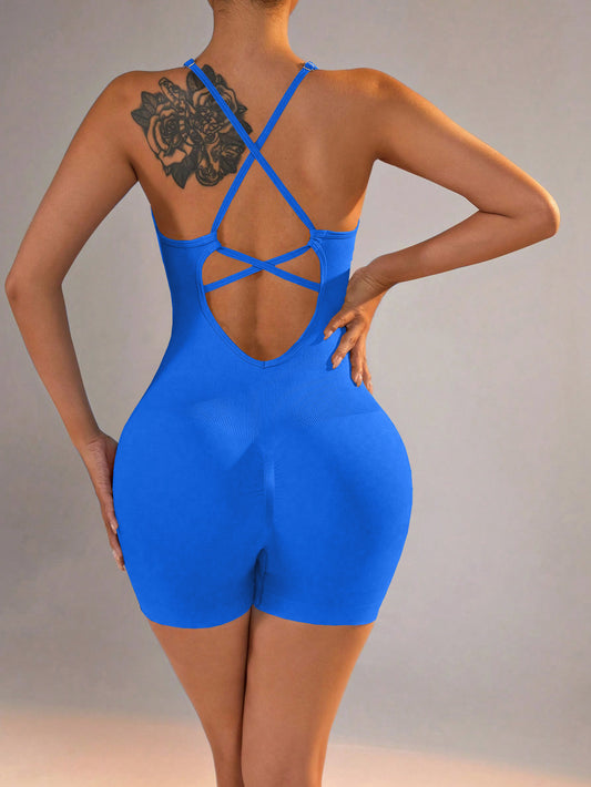 Size M Royal Blue Nylon Seamless Yoga Bodysuit - Women's Athletic Romper, Crisscross Back, Workout Jumpsuit