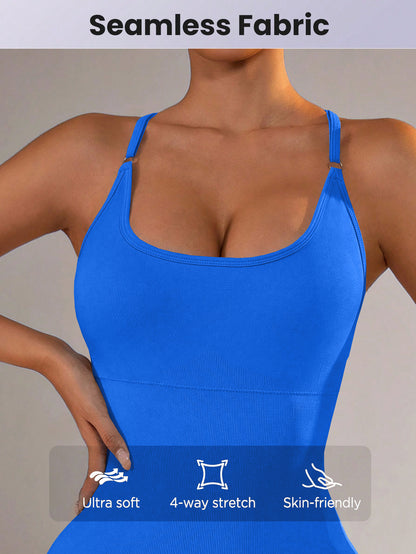 Size M Royal Blue Nylon Seamless Yoga Bodysuit - Women's Athletic Romper, Crisscross Back, Workout Jumpsuit