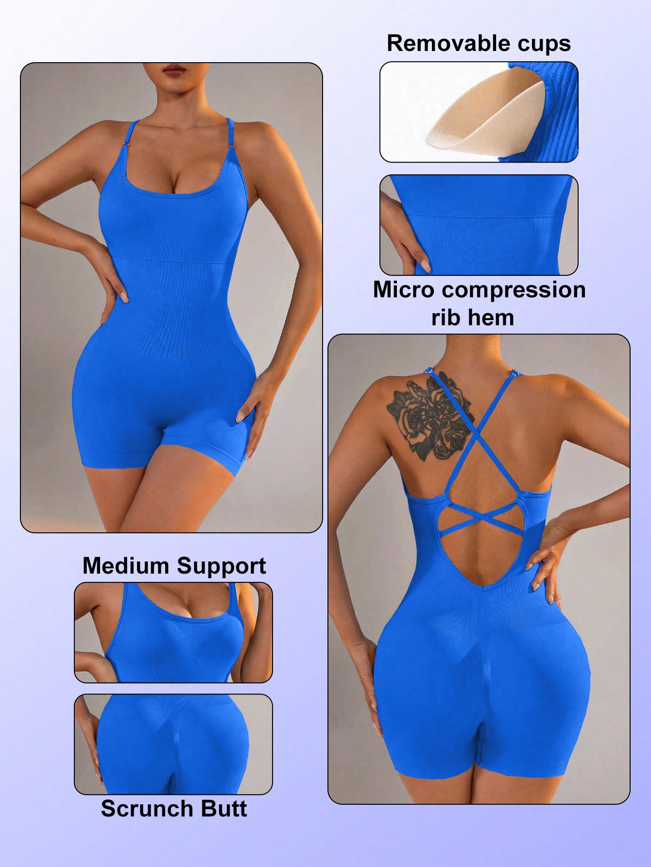 Size M Royal Blue Nylon Seamless Yoga Bodysuit - Women's Athletic Romper, Crisscross Back, Workout Jumpsuit