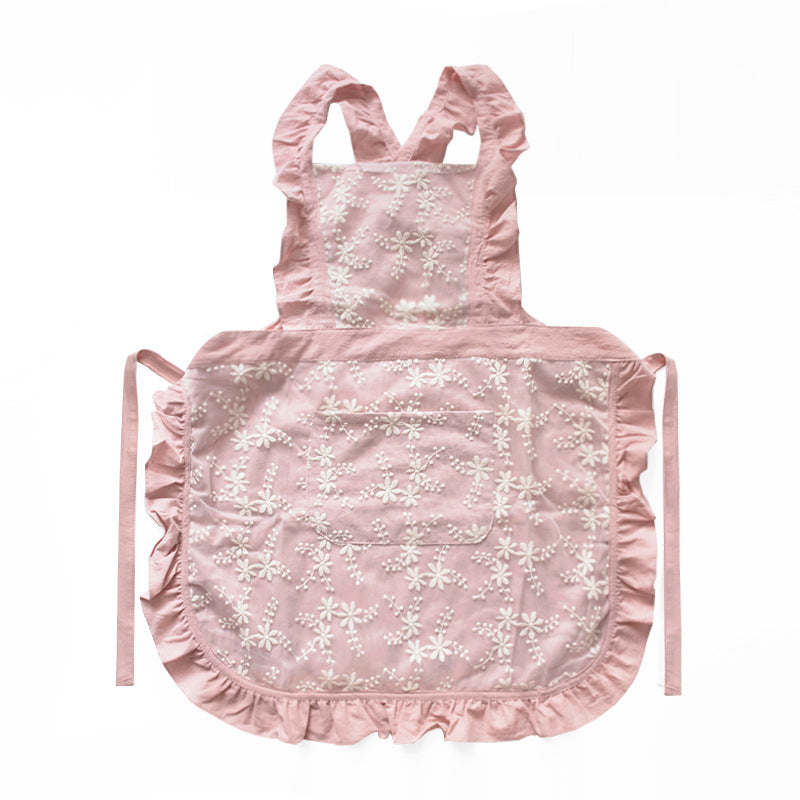 Pink Ruffled Kitchen Apron with Floral Lace - Comfortable Baking & Crafting Apron