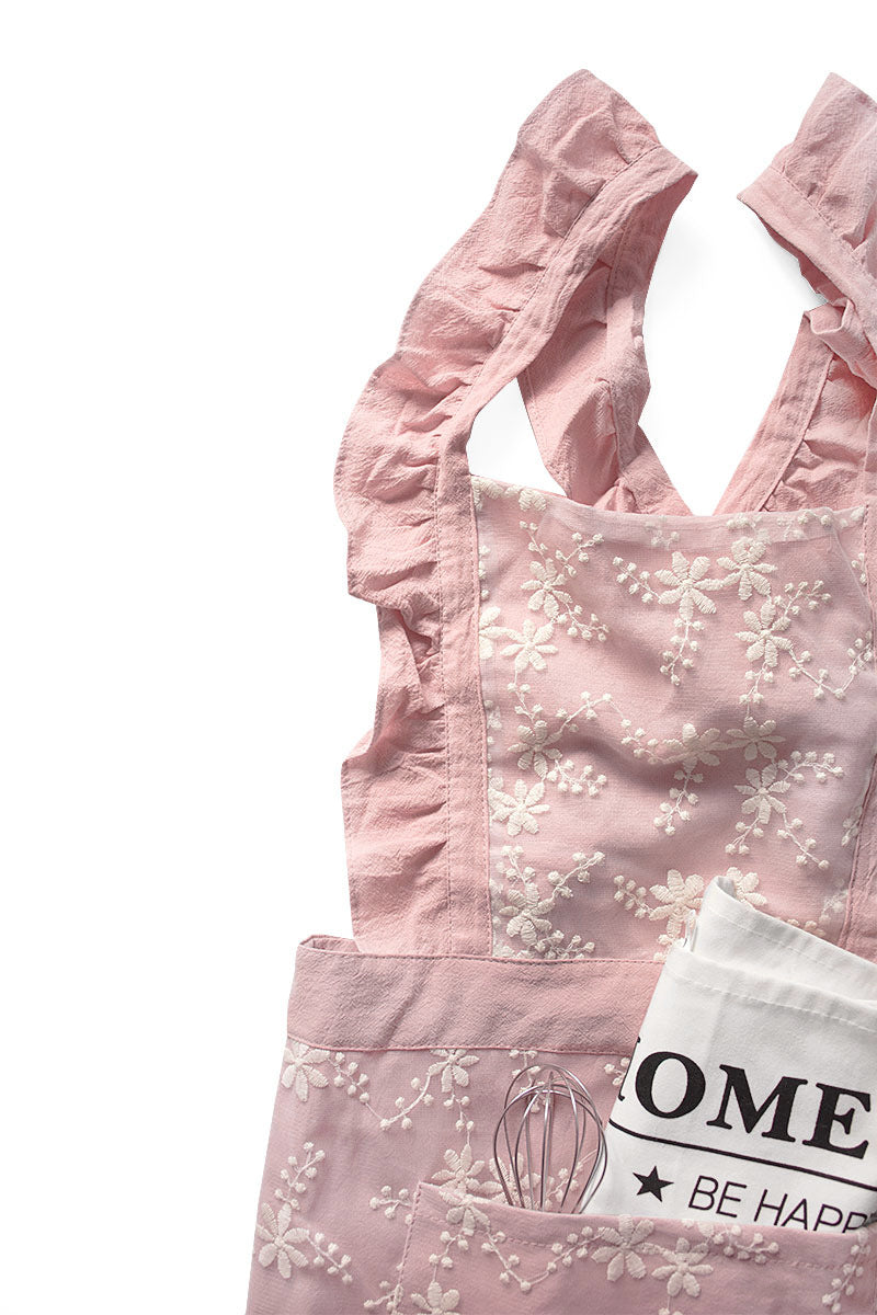 Pink Ruffled Kitchen Apron with Floral Lace - Comfortable Baking & Crafting Apron