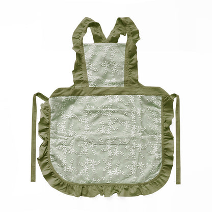 Green Ruffled Kitchen Apron with Floral Lace - Comfortable Baking & Crafting Apron