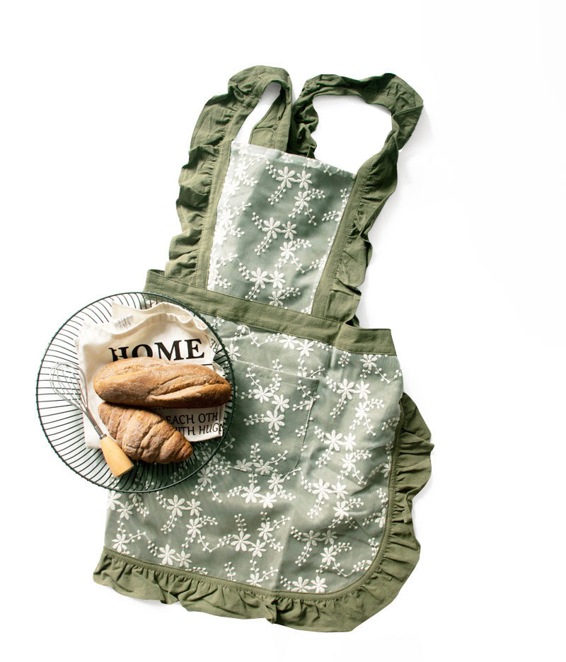 Green Ruffled Kitchen Apron with Floral Lace - Comfortable Baking & Crafting Apron