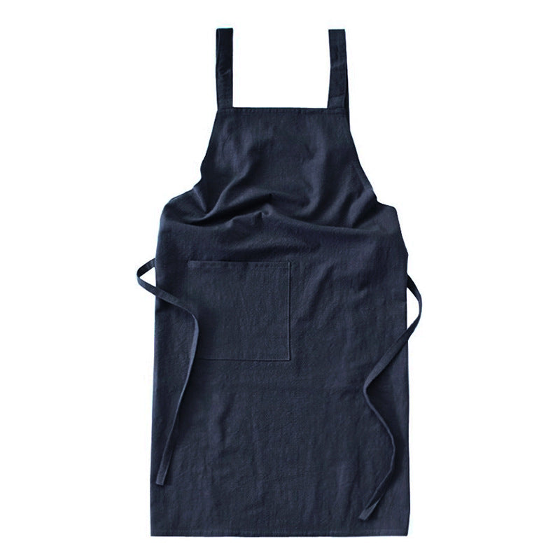 Navy Blue Cotton Linen H-Back Apron - Solid Color Kitchen Cooking Apron with Pocket