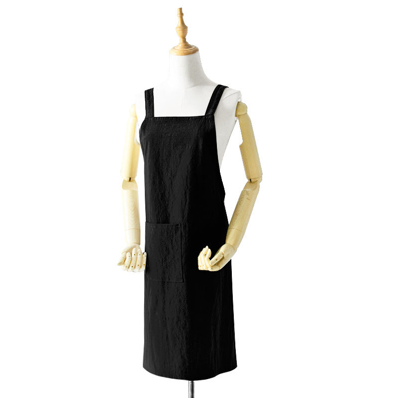 Black Cotton Linen H-Back Apron - Solid Color Kitchen Cooking Apron with Pocket