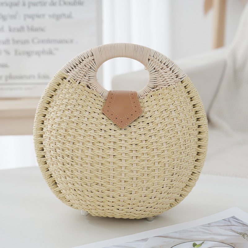 Off White Boho Circle Straw Bag - Stylish Woven Tote with Round Handles