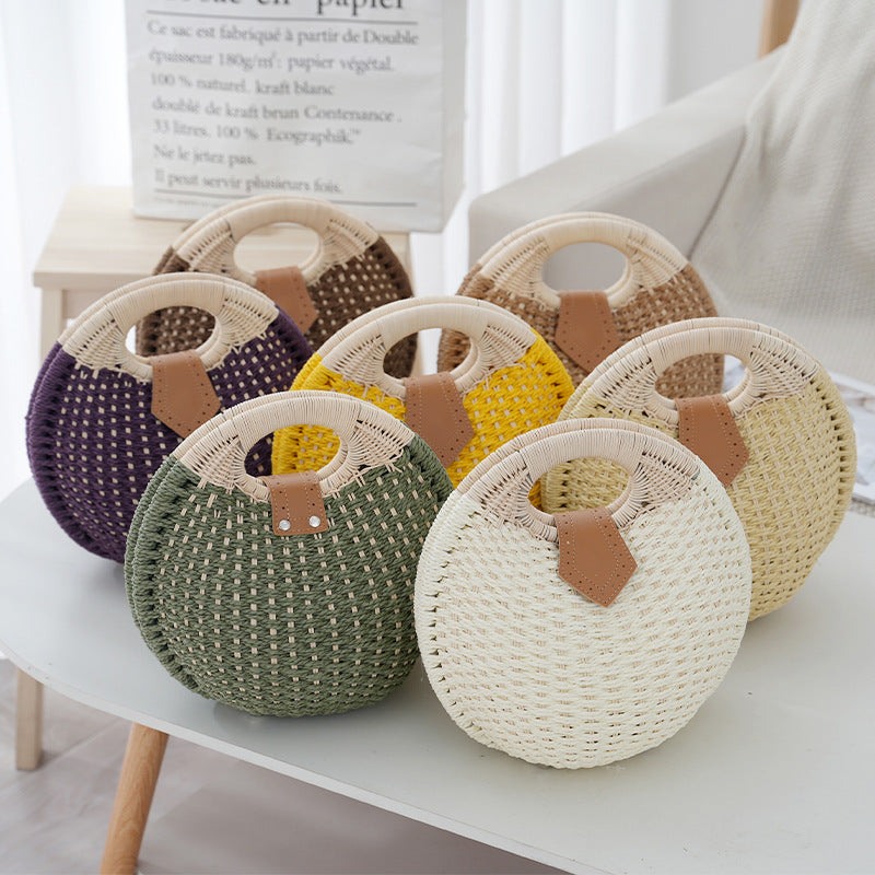 Off White Boho Circle Straw Bag - Stylish Woven Tote with Round Handles