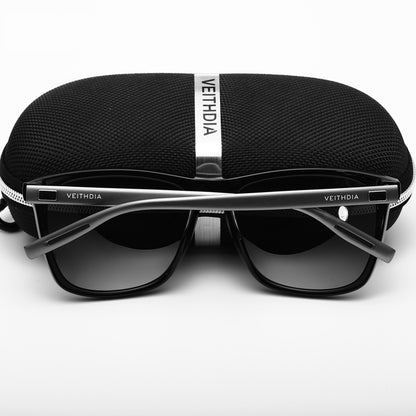 Black Frame + Dark Grey Temples + Blue Lenses Unisex Aluminum-Magnesium Square Polarized Sunglasses - Stylish UV-Protective Driving Glasses with Case