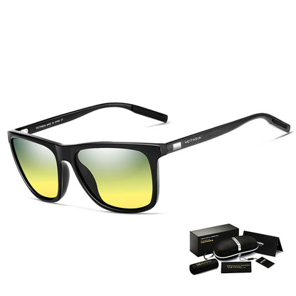 Black Frame + Black Temples + Yellow Lenses Unisex Aluminum-Magnesium Square Polarized Sunglasses - Stylish UV-Protective Driving Glasses with Case
