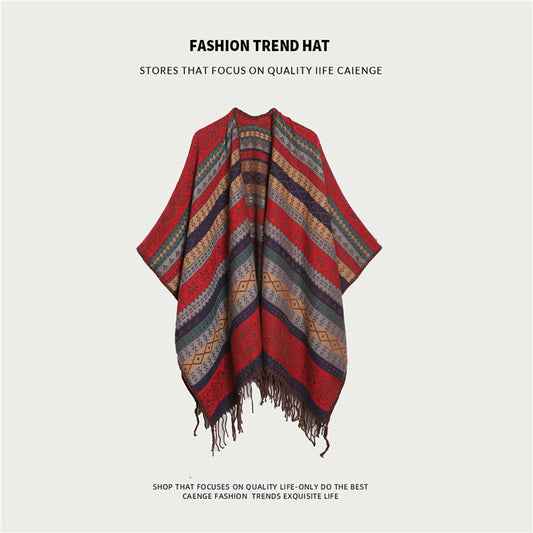 Red Plaid Ethnic Boho Shawl for Women - Stylish Split Cape for Travel and Cooling Rooms