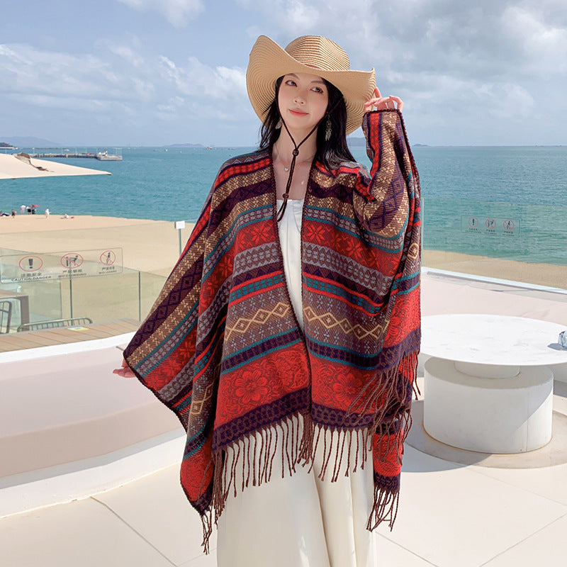 Brown Plaid Ethnic Boho Shawl for Women - Stylish Split Cape for Travel and Cooling Rooms