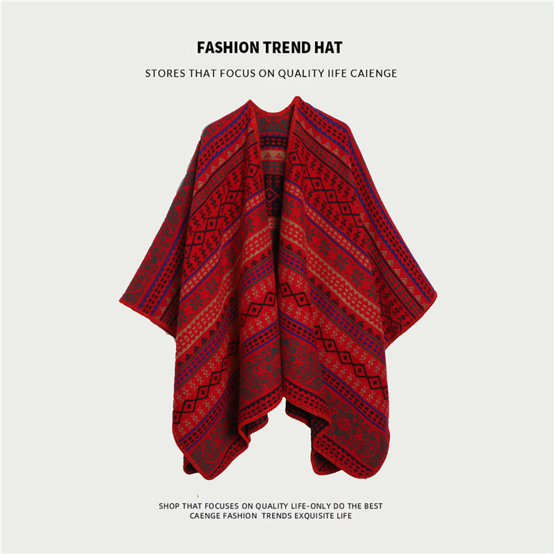 Red Ethnic Boho Shawl for Women - Stylish Split Cape for Travel and Cooling Rooms