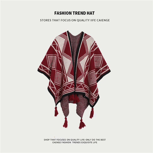 Burgundy Tassel Style Ethnic Boho Shawl for Women - Stylish Split Cape for Travel and Cooling Rooms