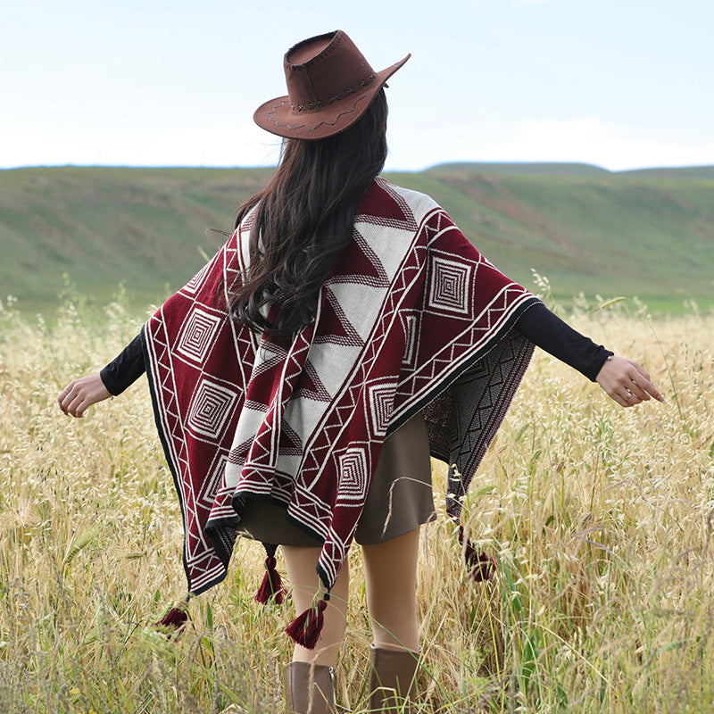 Burgundy Tassel Style Ethnic Boho Shawl for Women - Stylish Split Cape for Travel and Cooling Rooms