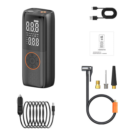 Black And Orange Portable Car Tire Inflator Pump - Dual Power Mode, 6000mAh Battery, ABS Material, 3m Car Charger Cable