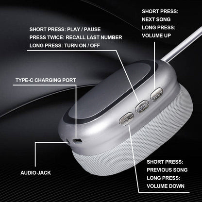 Silver Comfortable Bluetooth Over-Ear Headphones - Soft Earmuffs, Foldable Design, Stereo Sound