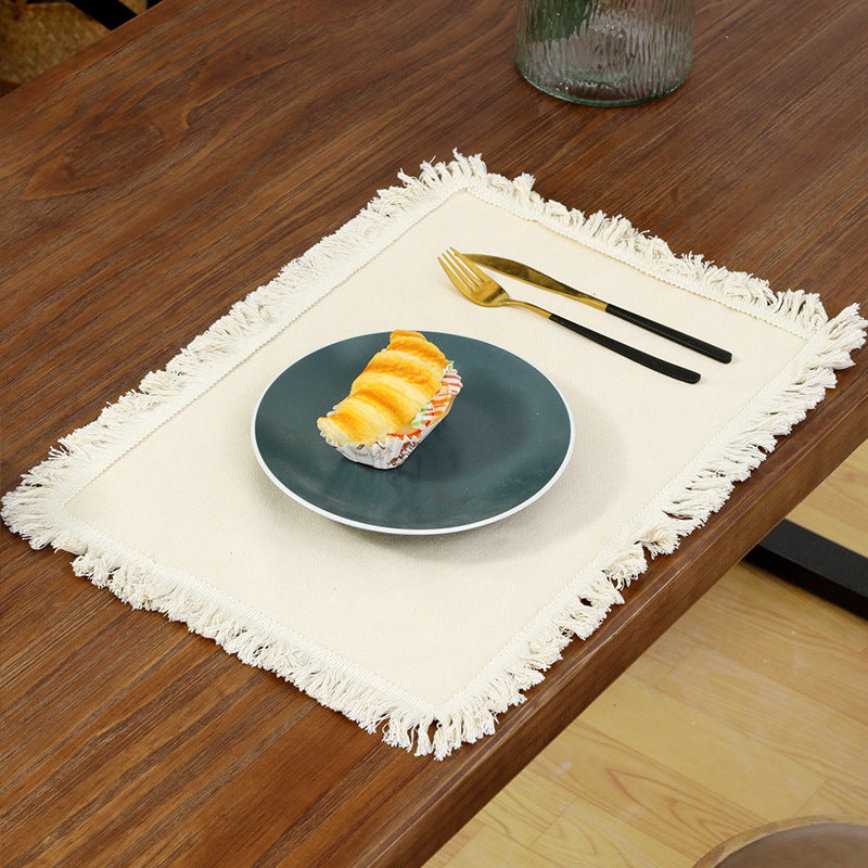 4 PCS Beige Cotton Linen Placemat with Fringe - Solid Color Table Mat for Dining (30x30cm)