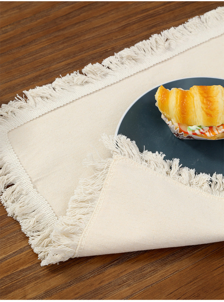 4 PCS Beige Cotton Linen Placemat with Fringe - Solid Color Table Mat for Dining (30x30cm)